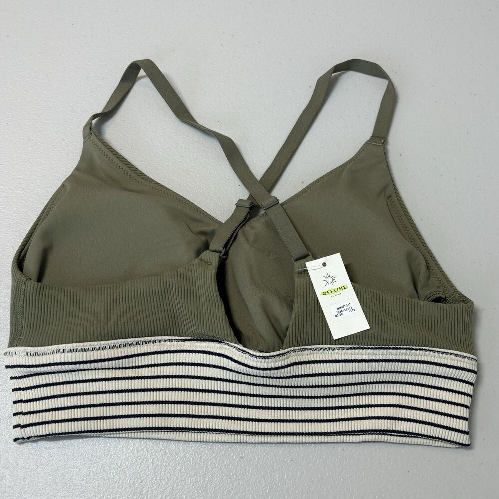 Aerie Offline V-Neck Ribbed Sports Bra Criss Cross Straps Padded Khaki Size M - Picture 4 of 5